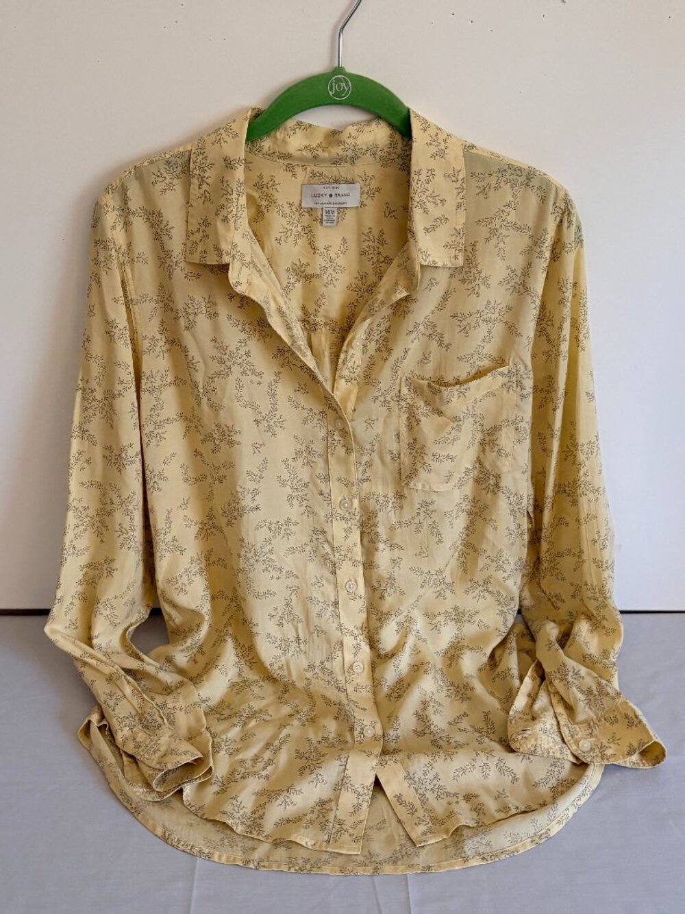 Lucky Brand Yellow Light Weight Long Sleeve Button Down Floral Collar Top Sz M